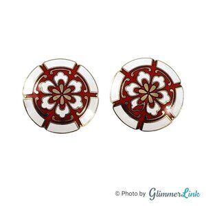 Vintage Red White Enamel Floral Cloisonne Gold Tone Pierced Earrings